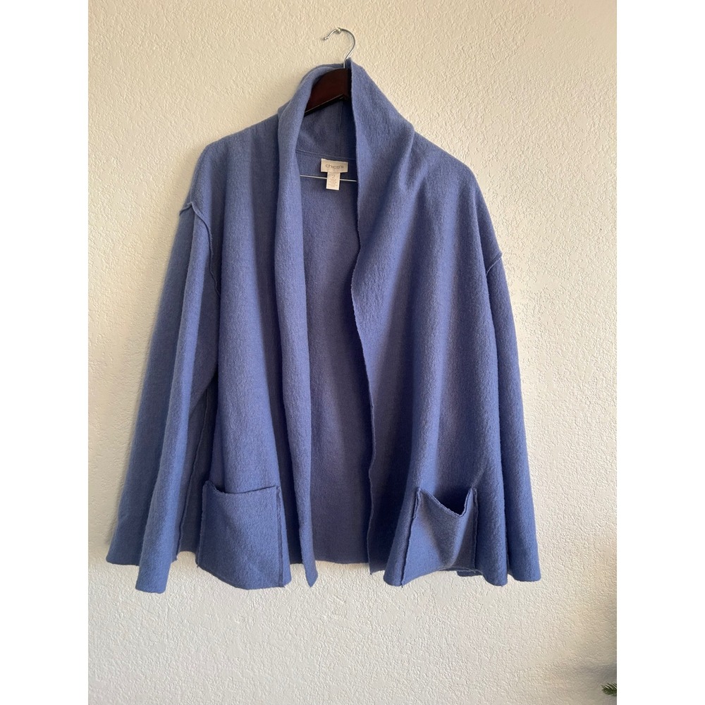 Chicos Periwinkle Boiled Wool Knit‎ Open Front Cardigan Sweater Large Lagenlook